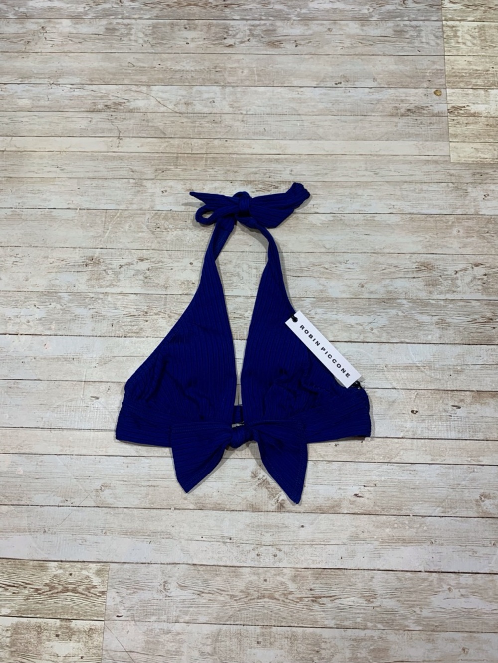 Robin Piccone Deep Blue Ribbed Tie Neck Halter Bikini Top NWT Size XS